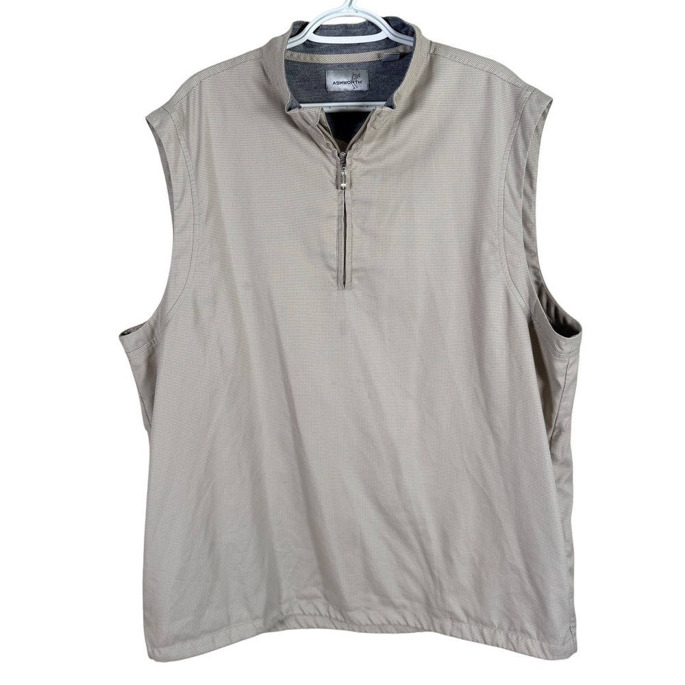 Ashworth 1/4 Zip Golf Vest Mens XL Tan Houndstooth Sleeveless Pullover read